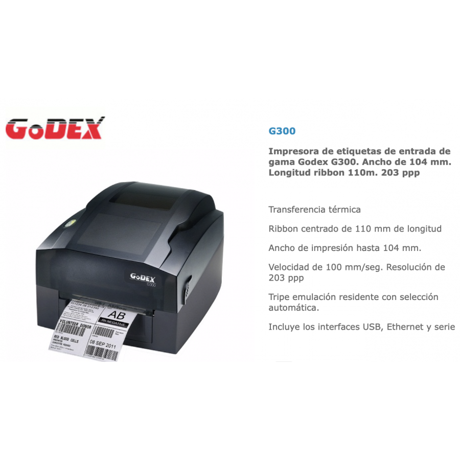 Impresora de Etiquetas Godex G300 Ancho 104mm Longitud ribbon 110m 203ppp